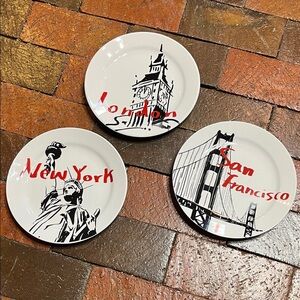Pacific Island decorative plates three piece set 8” across. NY, SF, and London